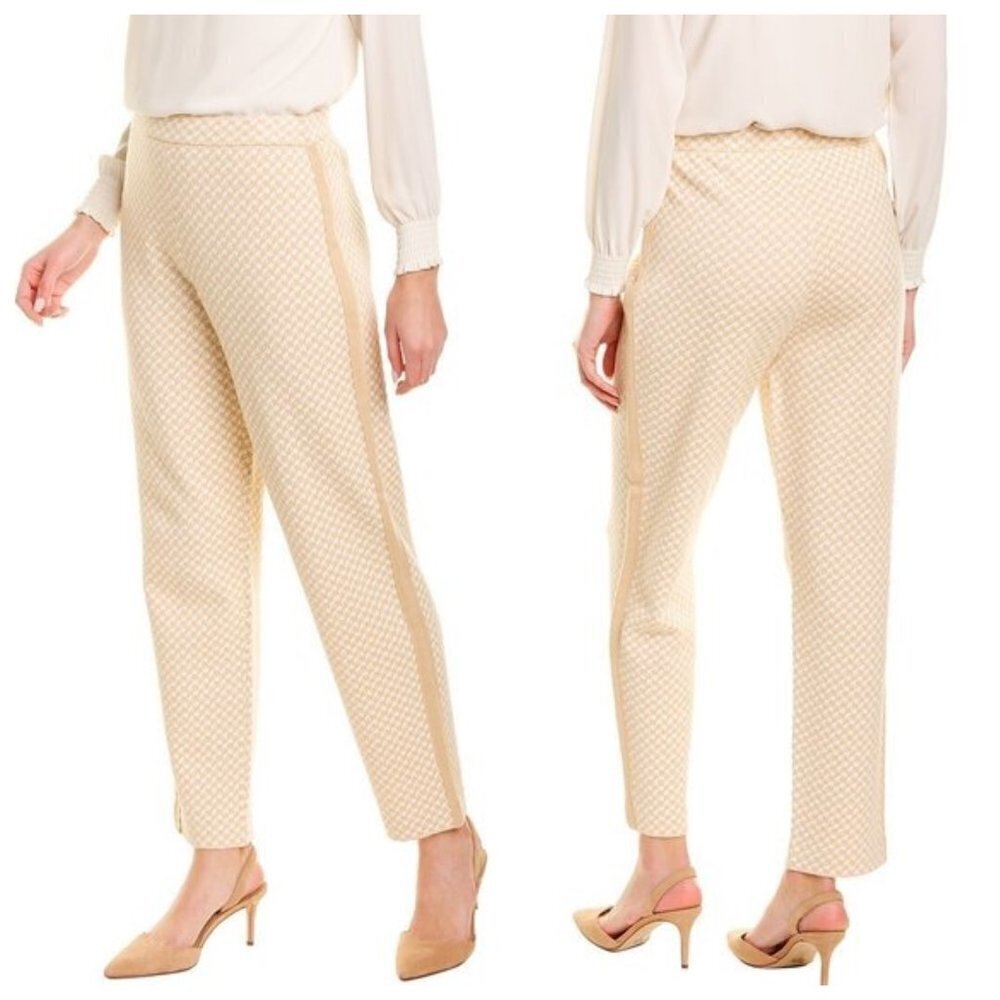 💕ST. JOHN💕 Houndstooth Jacquard Wool-Blend Knit Slim Crop Pants Camel & Ecru L